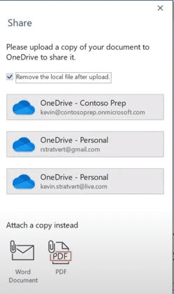 Different options are available for selection - choose Upload to OneDrive